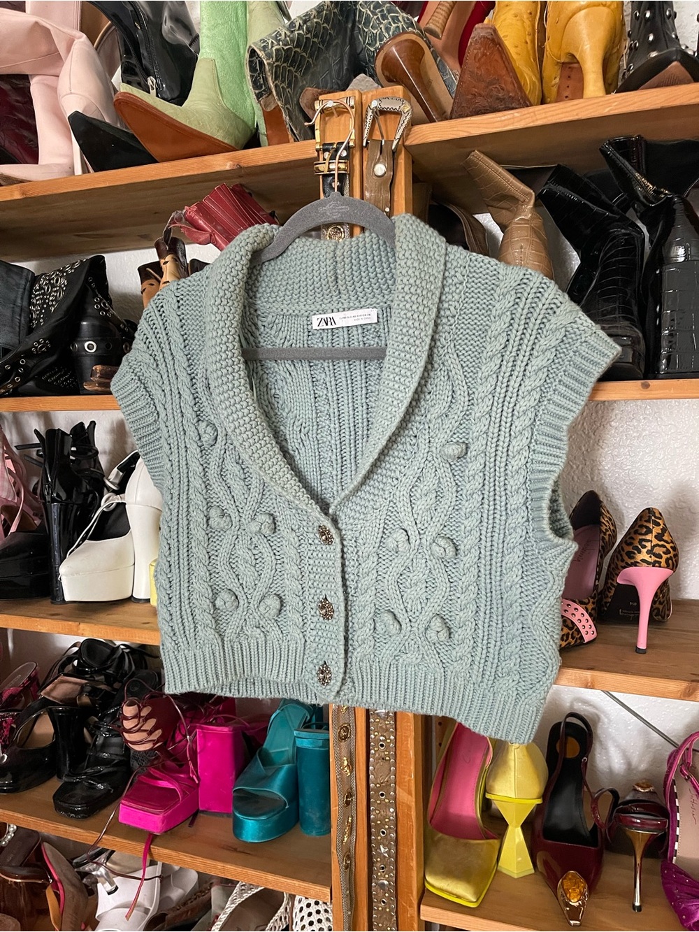 Zara Sage Green Sleeveless Cable-Knit Vest Sweater